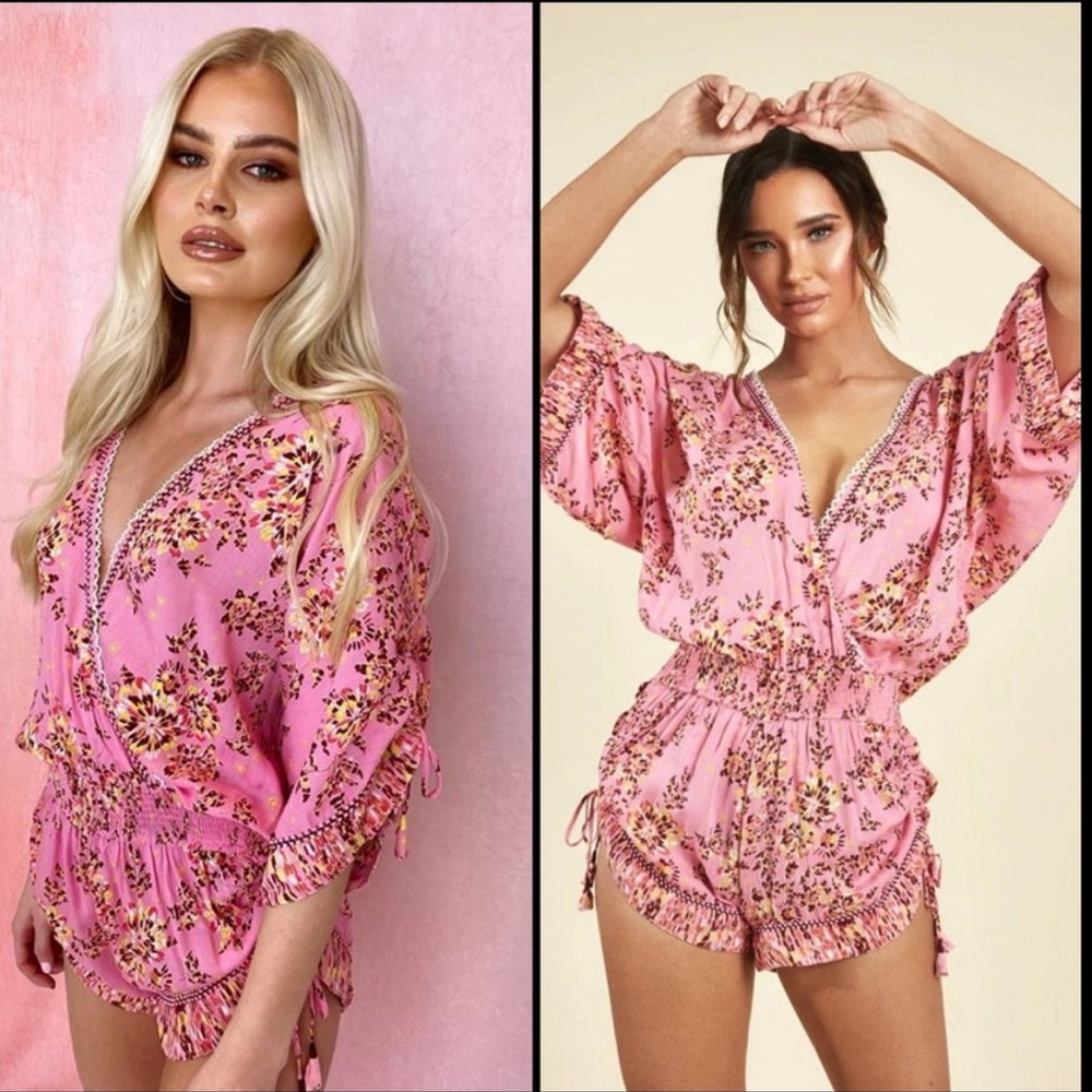 Poupette St. Barth Mara Lace Trimmed Romper in Pink Allium